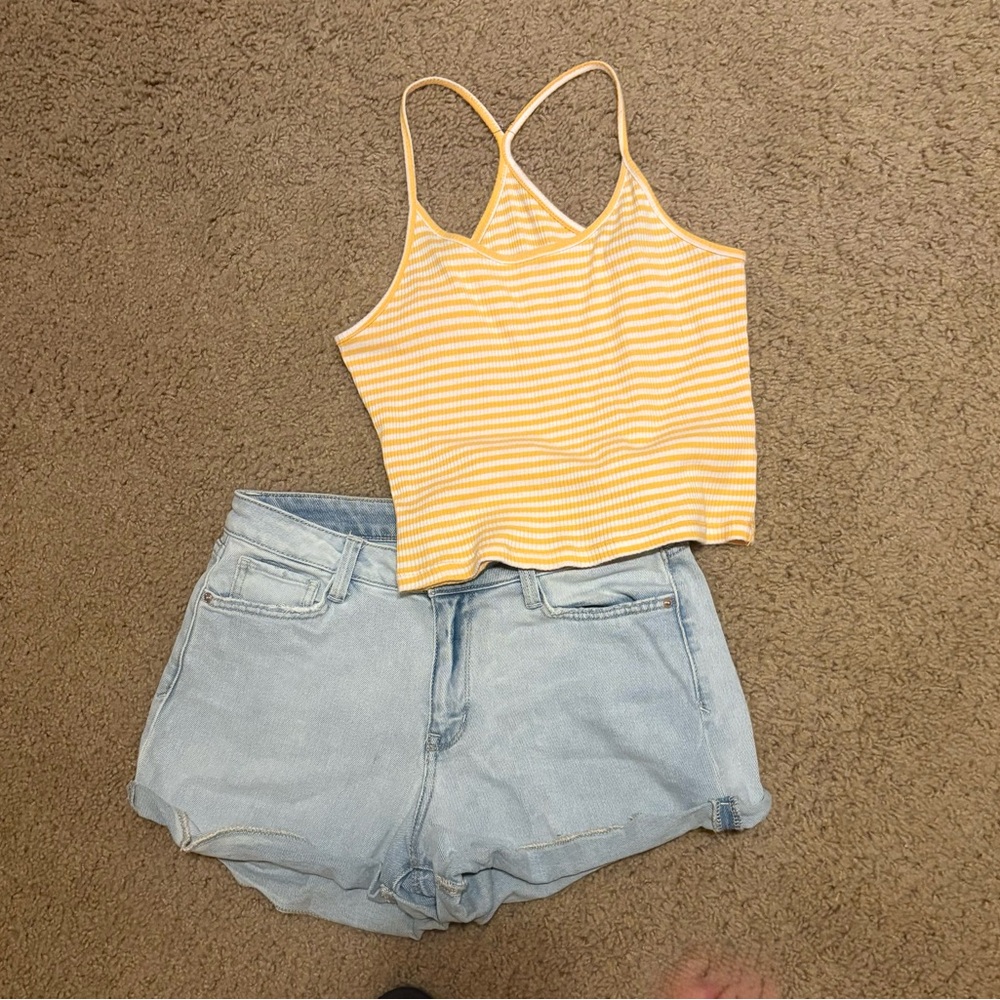 Yellow Striped Women's Tank Top and light blue jean shorts